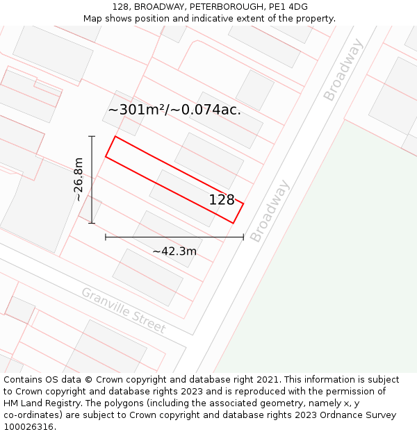 128, BROADWAY, PETERBOROUGH, PE1 4DG: Plot and title map