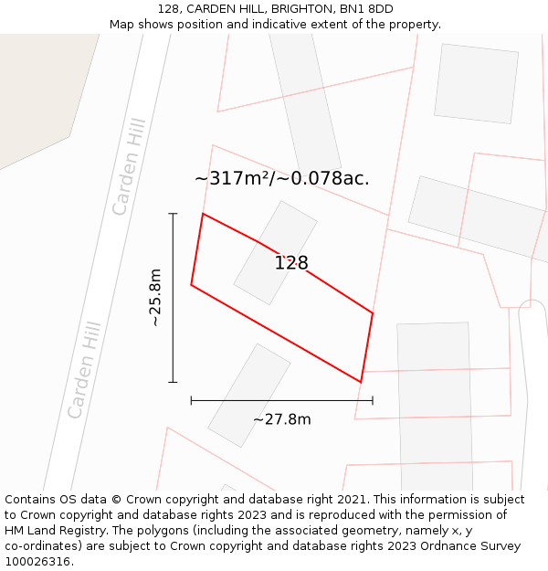 128, CARDEN HILL, BRIGHTON, BN1 8DD: Plot and title map