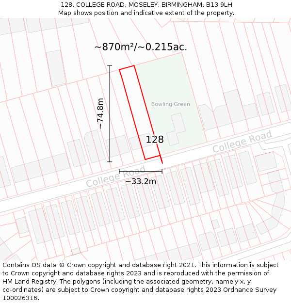 128, COLLEGE ROAD, MOSELEY, BIRMINGHAM, B13 9LH: Plot and title map