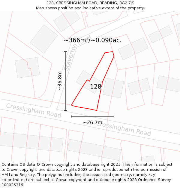 128, CRESSINGHAM ROAD, READING, RG2 7JS: Plot and title map