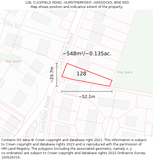 128, CUCKFIELD ROAD, HURSTPIERPOINT, HASSOCKS, BN6 9SD: Plot and title map