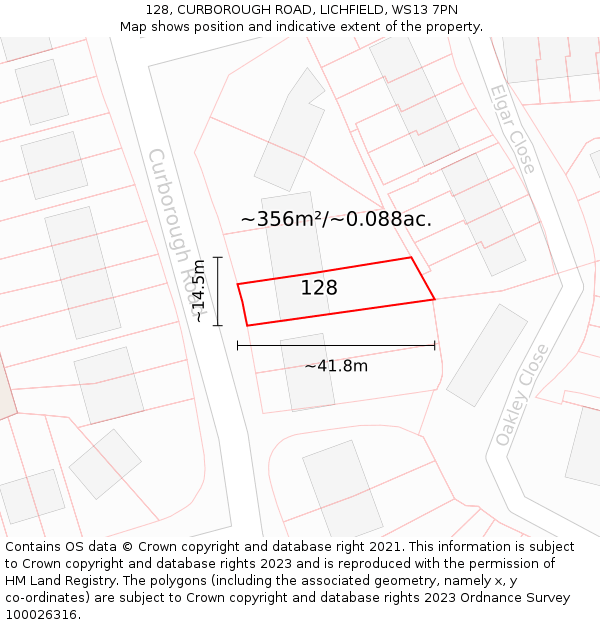 128, CURBOROUGH ROAD, LICHFIELD, WS13 7PN: Plot and title map