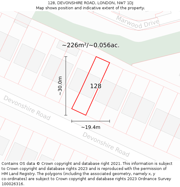 128, DEVONSHIRE ROAD, LONDON, NW7 1DJ: Plot and title map