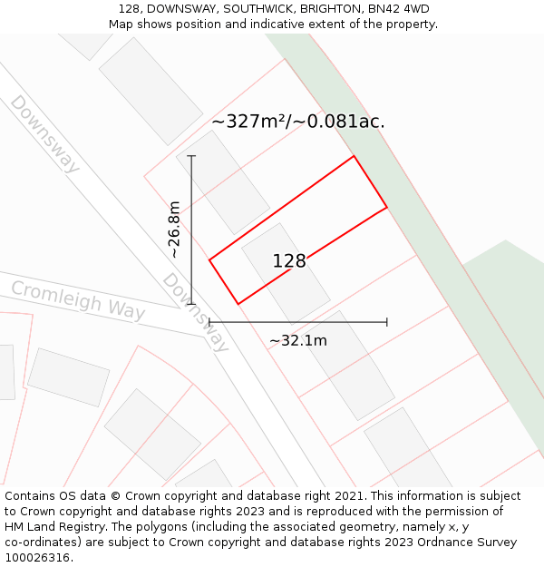 128, DOWNSWAY, SOUTHWICK, BRIGHTON, BN42 4WD: Plot and title map