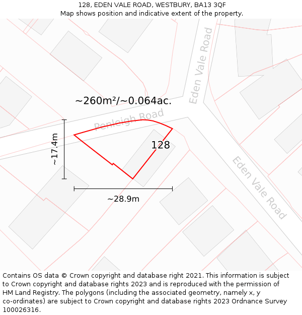 128, EDEN VALE ROAD, WESTBURY, BA13 3QF: Plot and title map