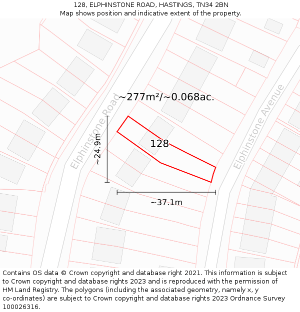 128, ELPHINSTONE ROAD, HASTINGS, TN34 2BN: Plot and title map