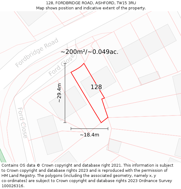 128, FORDBRIDGE ROAD, ASHFORD, TW15 3RU: Plot and title map