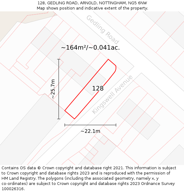 128, GEDLING ROAD, ARNOLD, NOTTINGHAM, NG5 6NW: Plot and title map