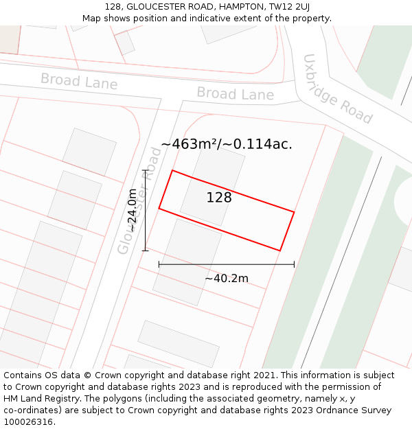 128, GLOUCESTER ROAD, HAMPTON, TW12 2UJ: Plot and title map