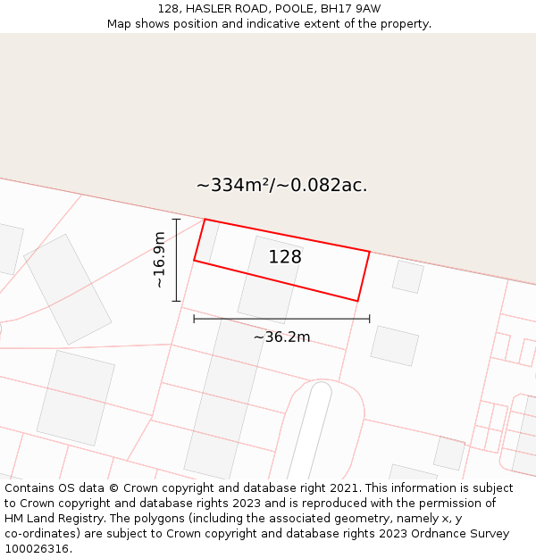 128, HASLER ROAD, POOLE, BH17 9AW: Plot and title map