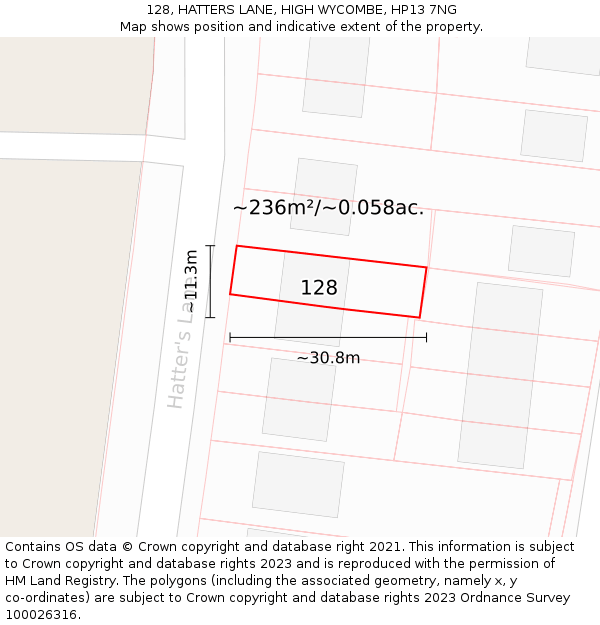 128, HATTERS LANE, HIGH WYCOMBE, HP13 7NG: Plot and title map