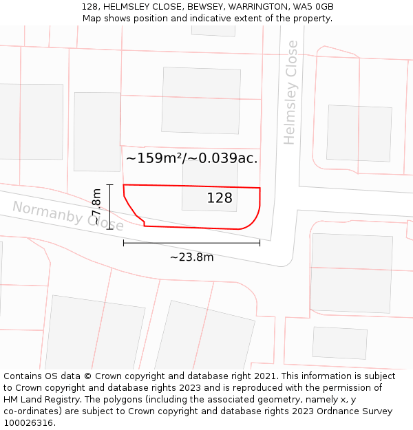 128, HELMSLEY CLOSE, BEWSEY, WARRINGTON, WA5 0GB: Plot and title map