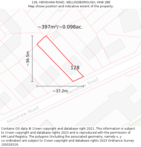 128, HENSHAW ROAD, WELLINGBOROUGH, NN8 2BE: Plot and title map