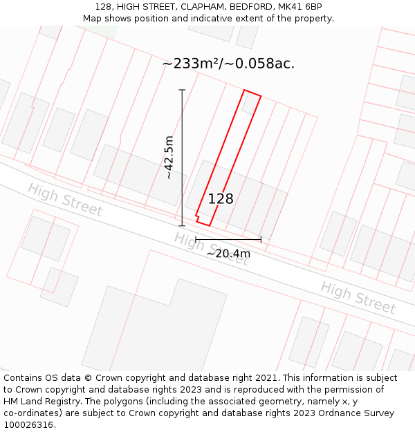 128, HIGH STREET, CLAPHAM, BEDFORD, MK41 6BP: Plot and title map