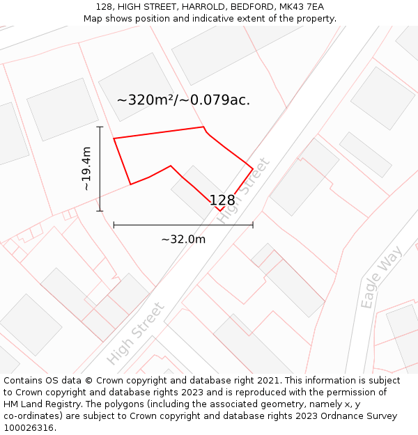 128, HIGH STREET, HARROLD, BEDFORD, MK43 7EA: Plot and title map