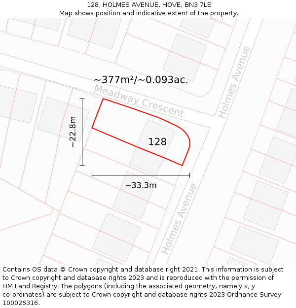 128, HOLMES AVENUE, HOVE, BN3 7LE: Plot and title map