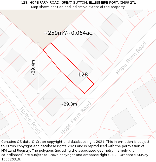 128, HOPE FARM ROAD, GREAT SUTTON, ELLESMERE PORT, CH66 2TL: Plot and title map