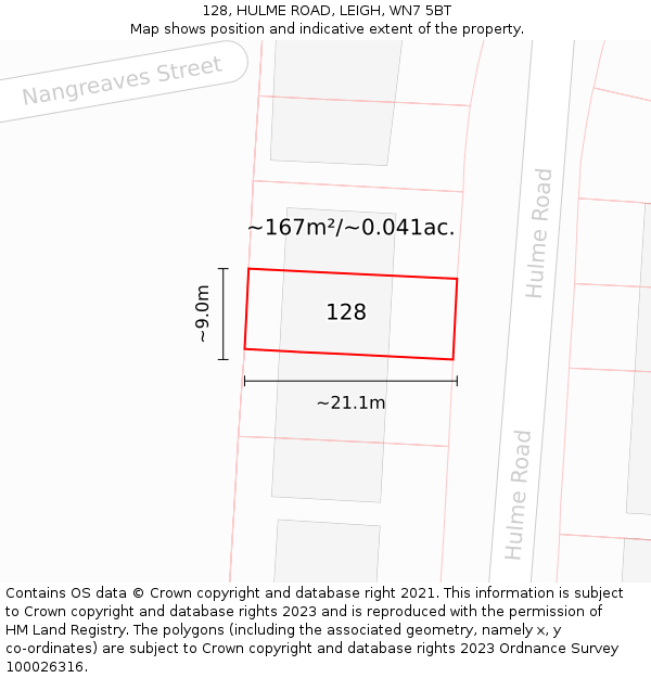 128, HULME ROAD, LEIGH, WN7 5BT: Plot and title map