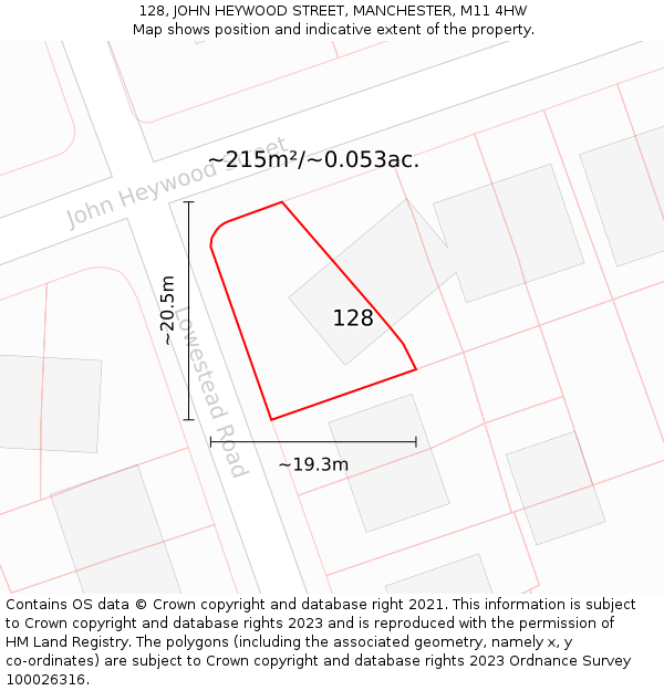 128, JOHN HEYWOOD STREET, MANCHESTER, M11 4HW: Plot and title map