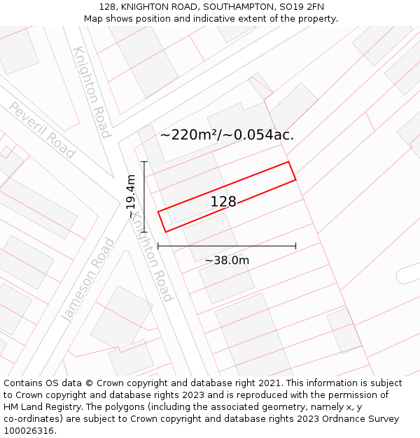 128, KNIGHTON ROAD, SOUTHAMPTON, SO19 2FN: Plot and title map