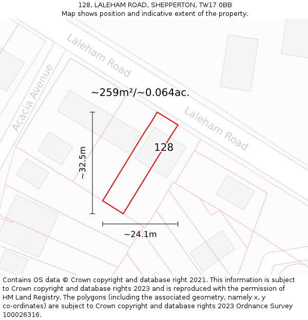 128, LALEHAM ROAD, SHEPPERTON, TW17 0BB: Plot and title map