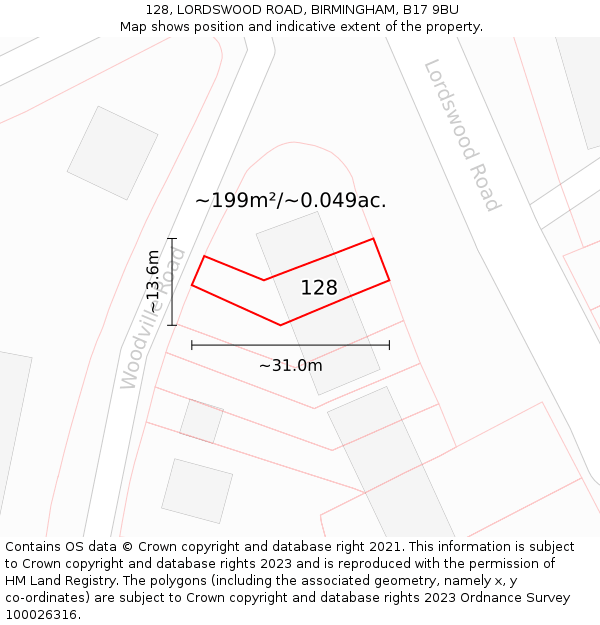 128, LORDSWOOD ROAD, BIRMINGHAM, B17 9BU: Plot and title map