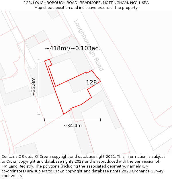 128, LOUGHBOROUGH ROAD, BRADMORE, NOTTINGHAM, NG11 6PA: Plot and title map