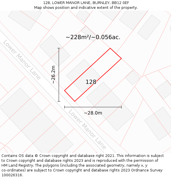 128, LOWER MANOR LANE, BURNLEY, BB12 0EF: Plot and title map