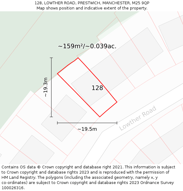 128, LOWTHER ROAD, PRESTWICH, MANCHESTER, M25 9QP: Plot and title map