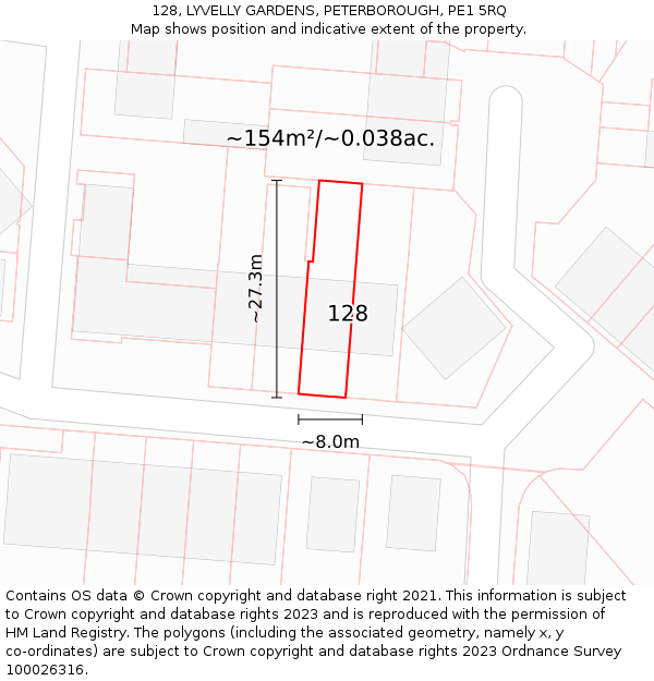 128, LYVELLY GARDENS, PETERBOROUGH, PE1 5RQ: Plot and title map