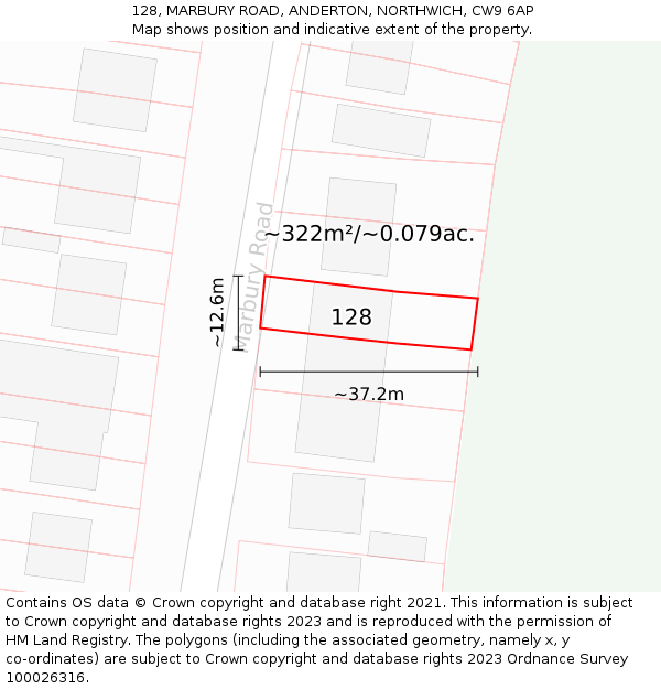 128, MARBURY ROAD, ANDERTON, NORTHWICH, CW9 6AP: Plot and title map