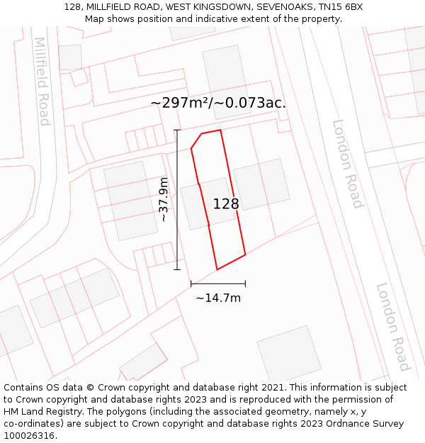 128, MILLFIELD ROAD, WEST KINGSDOWN, SEVENOAKS, TN15 6BX: Plot and title map