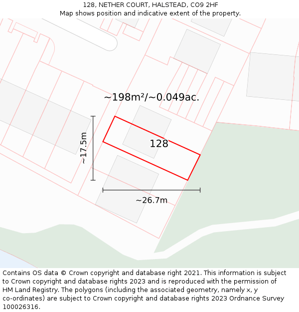 128, NETHER COURT, HALSTEAD, CO9 2HF: Plot and title map