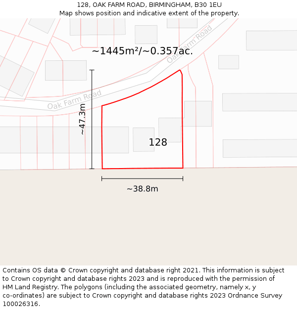 128, OAK FARM ROAD, BIRMINGHAM, B30 1EU: Plot and title map