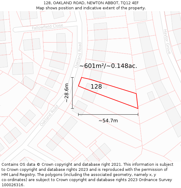 128, OAKLAND ROAD, NEWTON ABBOT, TQ12 4EF: Plot and title map