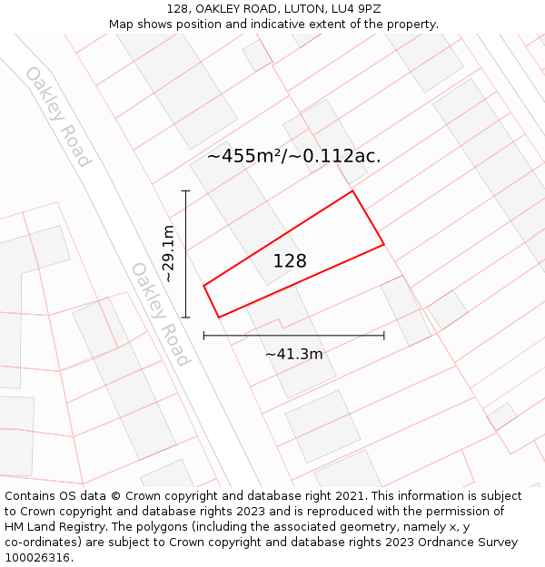 128, OAKLEY ROAD, LUTON, LU4 9PZ: Plot and title map