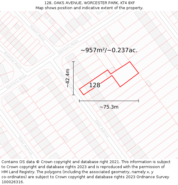 128, OAKS AVENUE, WORCESTER PARK, KT4 8XF: Plot and title map