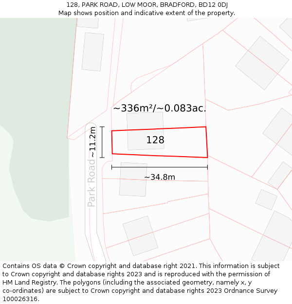 128, PARK ROAD, LOW MOOR, BRADFORD, BD12 0DJ: Plot and title map