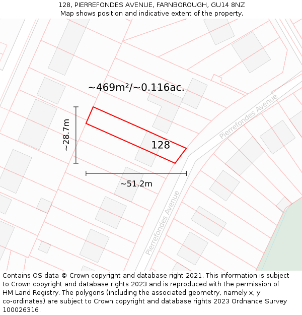 128, PIERREFONDES AVENUE, FARNBOROUGH, GU14 8NZ: Plot and title map