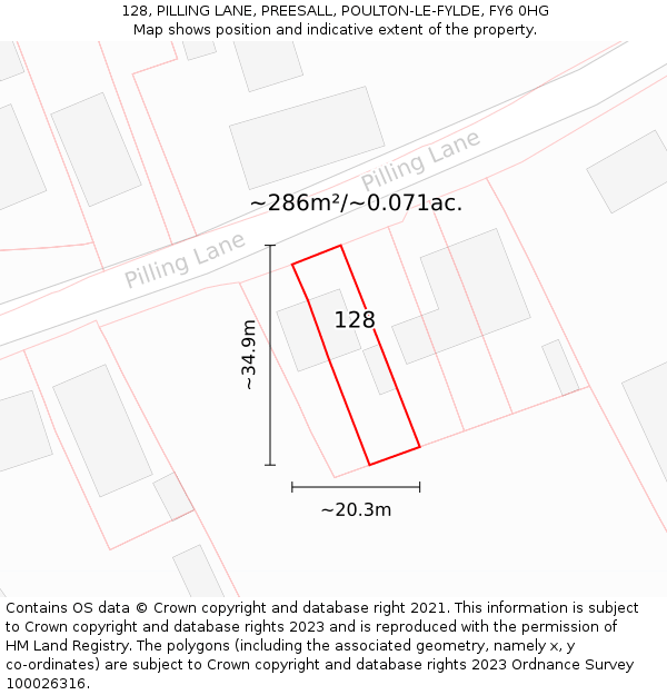 128, PILLING LANE, PREESALL, POULTON-LE-FYLDE, FY6 0HG: Plot and title map