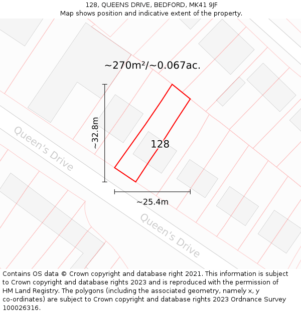 128, QUEENS DRIVE, BEDFORD, MK41 9JF: Plot and title map