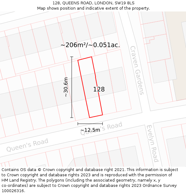 128, QUEENS ROAD, LONDON, SW19 8LS: Plot and title map