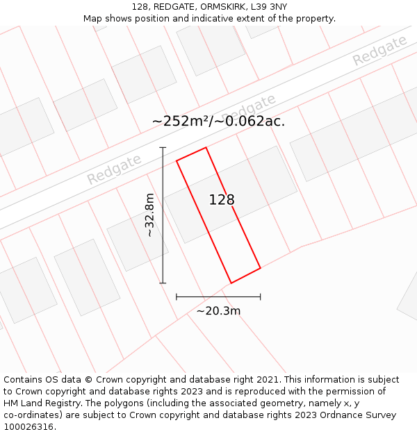 128, REDGATE, ORMSKIRK, L39 3NY: Plot and title map