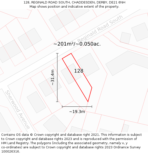 128, REGINALD ROAD SOUTH, CHADDESDEN, DERBY, DE21 6NH: Plot and title map