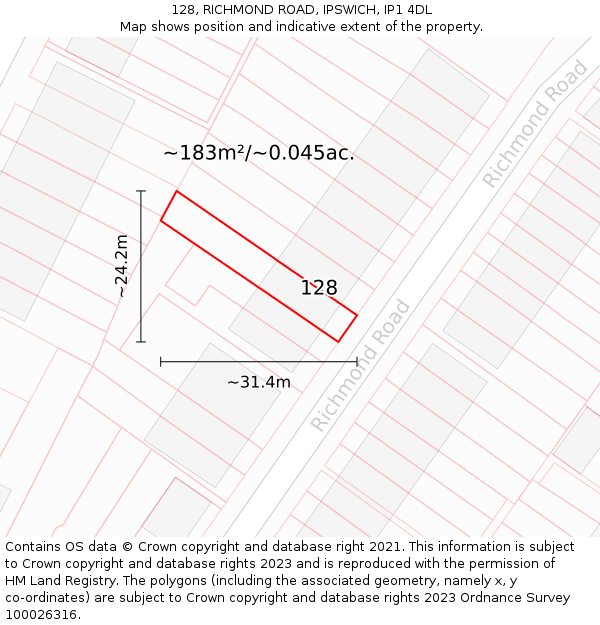 128, RICHMOND ROAD, IPSWICH, IP1 4DL: Plot and title map