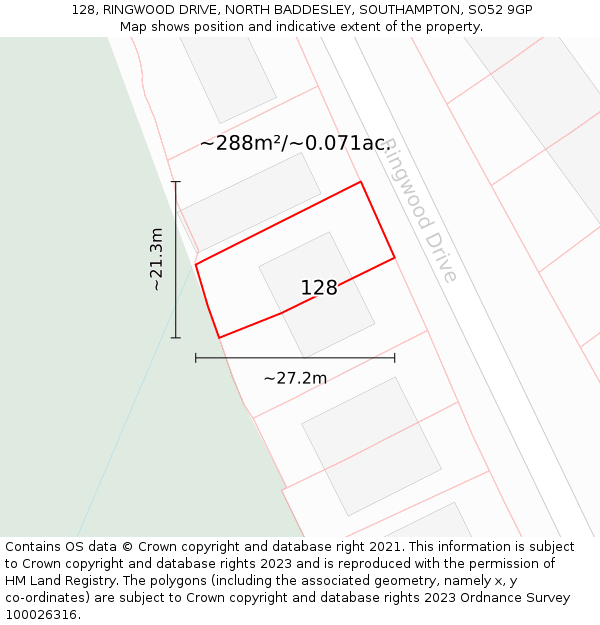 128, RINGWOOD DRIVE, NORTH BADDESLEY, SOUTHAMPTON, SO52 9GP: Plot and title map