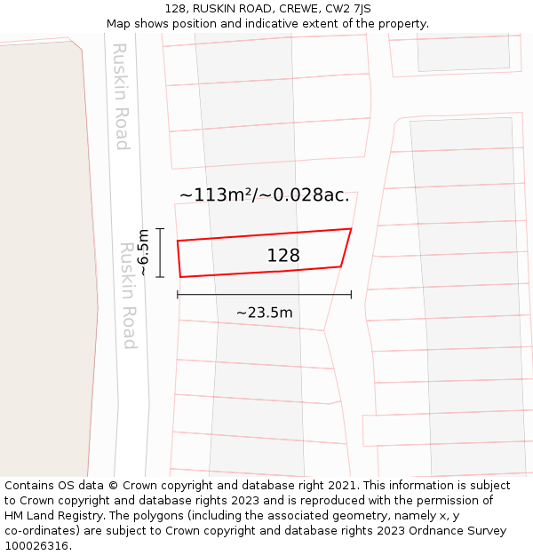 128, RUSKIN ROAD, CREWE, CW2 7JS: Plot and title map