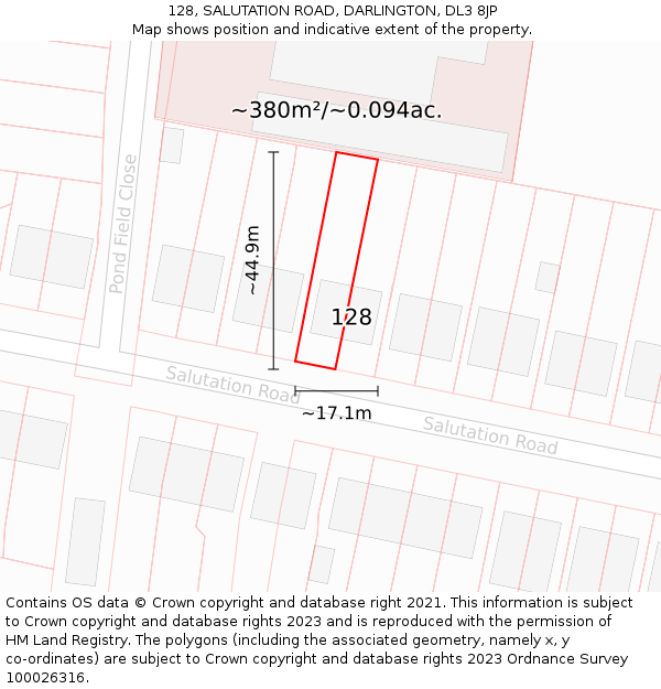 128, SALUTATION ROAD, DARLINGTON, DL3 8JP: Plot and title map