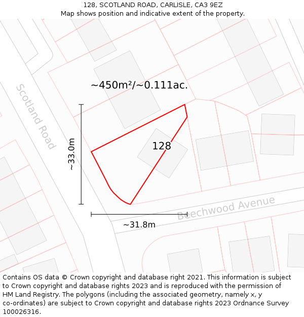 128, SCOTLAND ROAD, CARLISLE, CA3 9EZ: Plot and title map