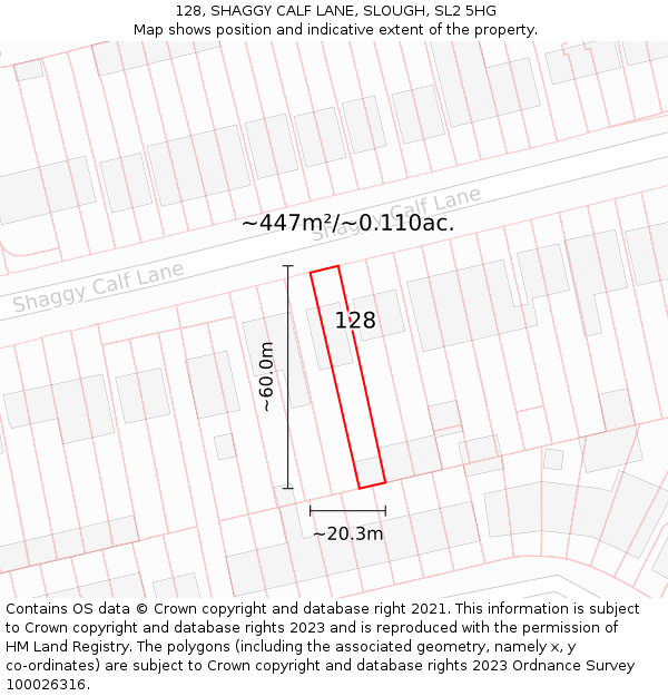 128, SHAGGY CALF LANE, SLOUGH, SL2 5HG: Plot and title map